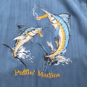 Luau Fine Silk Short Sleeve Puffin Marlin Camp Shirt XL Fishing Resort Ocean